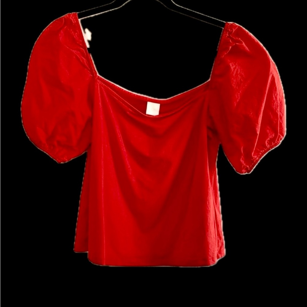 Scarlett Red Blouse: Puff Sleeve, Stretch Bodice. Cropped. EUC H&M